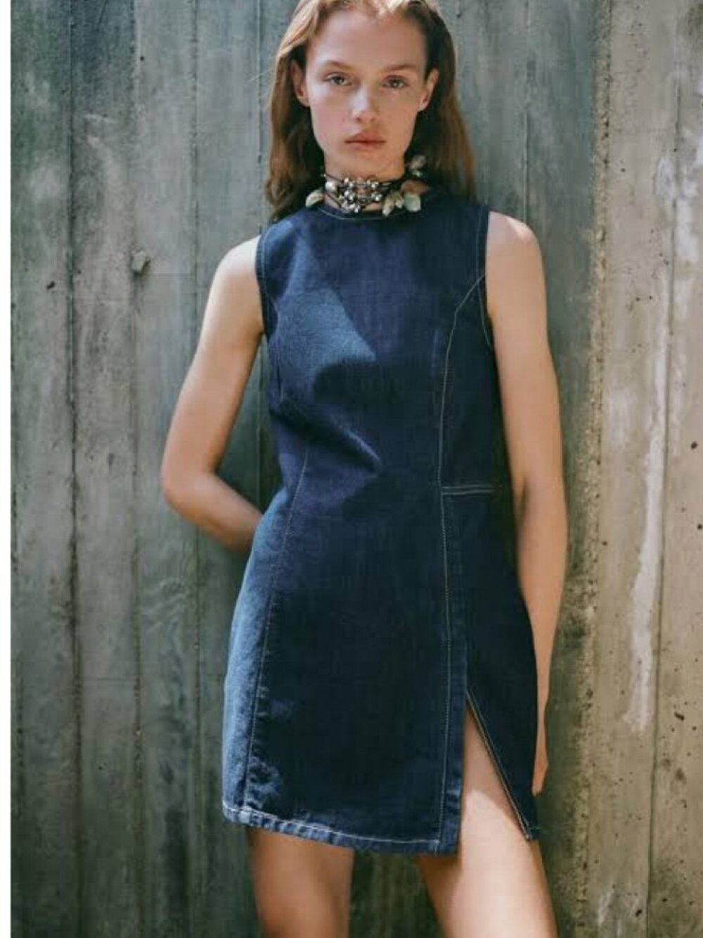 Zara Women's Size XL Dark Wash Denim Shift Dress Front Zipper Slit